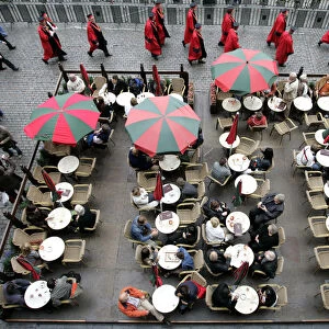 Tourists sit on a terrace during the annual Belgian beer weekend at the Grand?Place