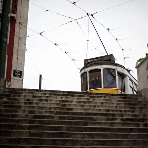 A tram is seen at the Alfama neighborhood in Lisbon