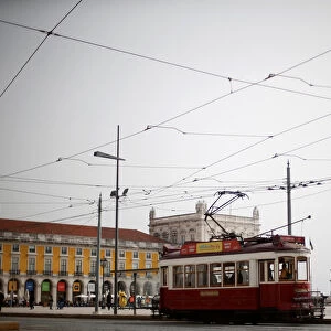 A tram is seen at Comercio square in downtown Lisbon
