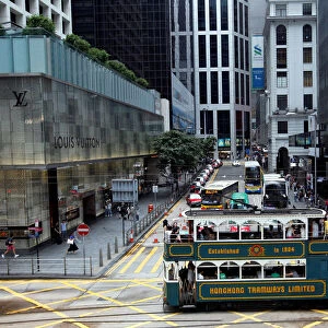 A tram is seen in downtown after celebrations commemorating the 20th anniversary of