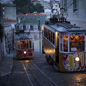 Trams are seen in downtown Lisbon
