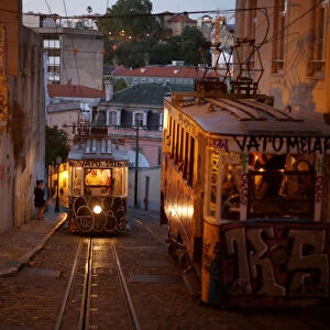 Trams are seen in downtown Lisbon