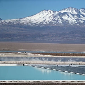 A view of brine pools of a lithium mine on the Atacama salt flat in the Atacama desert