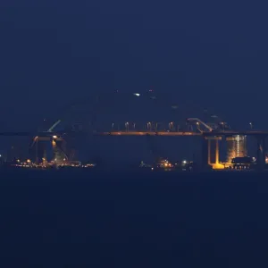 A view shows a bridge, which is constructed to connect the Russian mainland with A view shows a bridge, which is constructed to connect the Russian mainland with