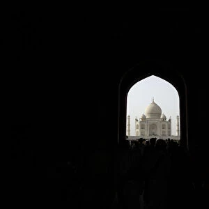 A view of the Taj Mahal from its entrance doors in Agra