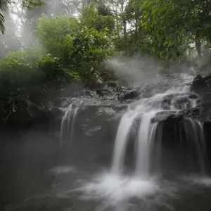 A view of a waterfall in the protected forest at the Welirang mountain in Malang