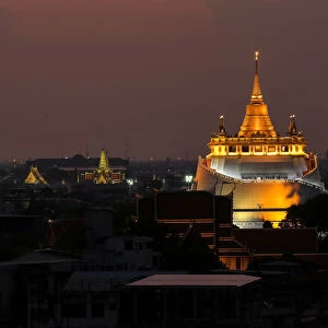 Wat Saket Temple is seen during dusk in Bangkok