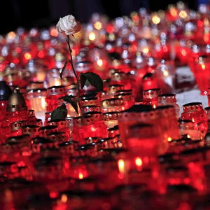 White roses are seen near candles during All Saints Day at Mirogoj cemetery in Zagreb