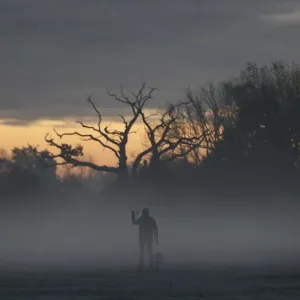 A woman walks dogs through morning mist in Quorn