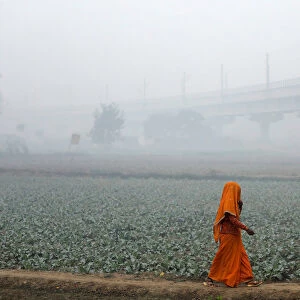 A woman walks across a field on a smoggy morning in New Delhi