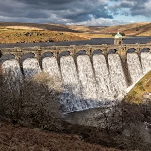 View of reservoir dam, Craig Goch Dam, Elan River, Elan Valley, Rhayader, Powys, Mid Wales, February