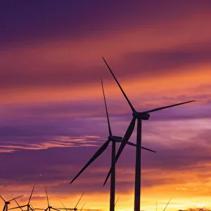Silhouetted wind turbines at sunset, Mojave, California, USA