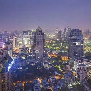 Thailand, Bangkok. Lumphini, high angle city skyline at dawn