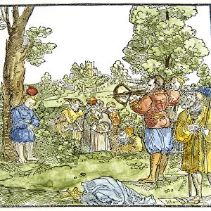 William Tell. Story by Schaufelein. Shooting an apple from his son. 16th cent. engraving