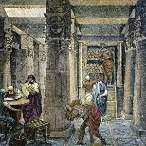ALEXANDRIA: LIBRARY. Reconstruction of a hall in the great library in Alexandria, Egypt, founded at the beginning of the 3rd century B. C. Color wood engraving, German, 19th century