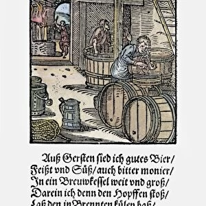 BREWING BEER, 1568. The Brewer. Woodcut, 1568, by Jost Amman
