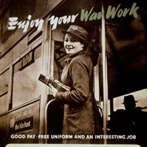 British recruitment poster, 1942, for women bus and tram conductors to replace men fighting in World War II