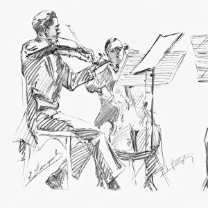 BRUSSELS STRING TRIO. Left to right: Edmond Bouquet, Franzois Broos, Adolphe Fr zin. Pencil drawing, early 20th century