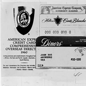 CREDIT CARDS, 1960. A montage of credit cards, including American Express and Diners Club