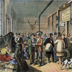 EMIGRANTS: RAILROAD DEPOT. The emigrant waiting-room of the Union Pacific Railroad depot in Omaha, Nebraska. Color engraving, 1877