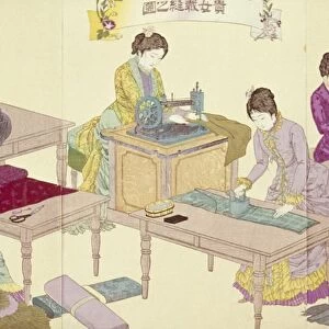 JAPAN: SEWING MACHINES. Japanese women sewing Western-style dresses. Woodblock print