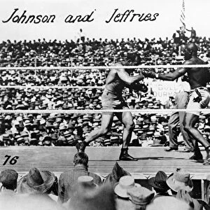 JOHNSON VS. JEFFRIES, 1910. American heavyweight pugilist Jack Johnson (right) fighting James J. Jeffries on 4 July 1910 in Reno, Nevada