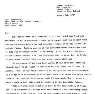 Letter from Albert Einstein to President Franklin D. Roosevelt regarding the possibilities of an atomic bomb, 2 August 1939