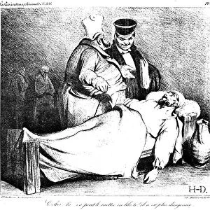 This man may be set free and released! He is no longer dangerous. Louis-Philippe as a doctor talking to Gisquet, Chief of Police, at the bedside of a Republican who died in prison. Lithograph cartoon, 1834, by Honore Daumier