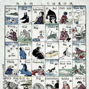 POSTER: LANGUAGE, 1887. Poster showing a variety animals, objects, activities, and people