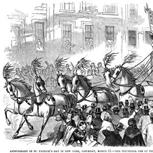 ST. PATRICKs PARADE, 1860. St. Patricks Day parade in New York City, 1860. Wood engraving from a contemporary American newspaper