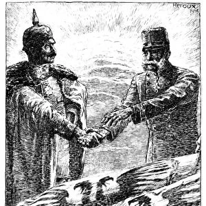 WORLD WAR I: MUSIC COVER. Deutschland Oesterreich Hand in Hand. Sheet music cover showing Kaiser Wilhelm II of Germany and Franz Ferdinand of Austria shaking hands. Engraving by Bruno H