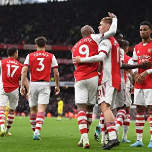 Arsenal's Emile Smith Rowe and Alex Lacazette Celebrate First Goal vs. Brentford (2021-22)