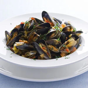 Bowl of mussels with tomatoes and chilli, close-up