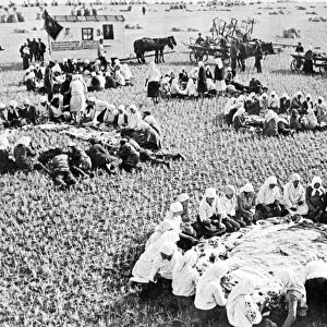 Dinner time during harvest season on a collective farm in russia, 1938