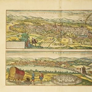 Map of Barcelona and Ecija from Civitates Orbis Terrarum by Georg Braun, 1541-1622 and Franz Hogenberg, 1540-1590, engraving