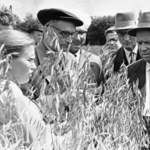 Nikita khrushchev, accompanied by a, mikoyan, suslov (behind khrushchev, left), and trofim lysenko (wearing cap, left) on a visit to the scientific-experimental base lenin hills of the institute of genetics of the academy of sciences of the ussr, 1962