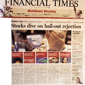 Front page of The Financial Times newspaper 30th September 2008. Lead story