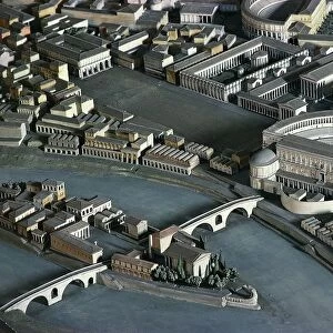 Detail of plastic model of Imperial Rome during Age of Constantine with Tiber Island and Theatre of Marcellus