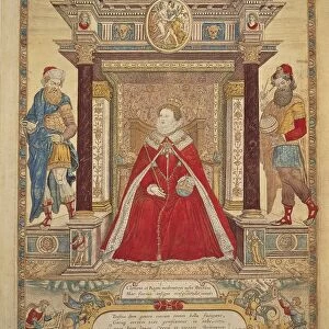Queen Elizabeth I enthroned - frontispiece, from Atlas of England and Wales by Christopher Saxton, 1579