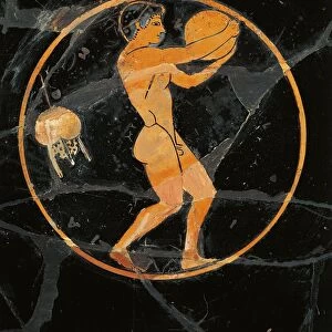 Detail of red-figure cup depicting a discus thrower painted by Epeleios Painter
