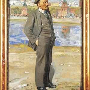 Russia, Moscow, painting of Lenin in front of Kremlin