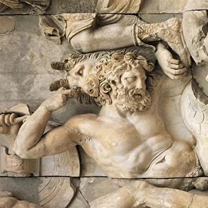 Turkey, Bergama, Detail of the frieze from Pergamon altar representing a hyena biting a fallen giant at the feet of Artemis
