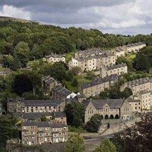 UK, West Yorkshire, Aerial view of textile industry center at Hebden Bridge