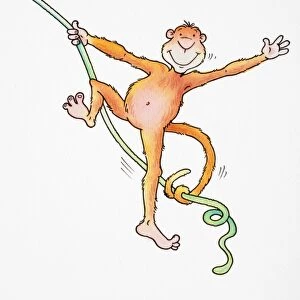 Cartoon, smiling monkey swinging and waving with its tail wrapped around rope