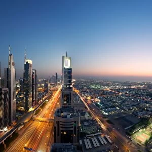 Dubai skyline at dusk, United Arab Emirates