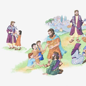 Illustration of a bible scene, John 6, Jesus feeds the 5000