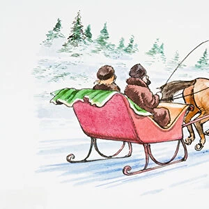 Illustration of couple in horsedrawn sledge in snow