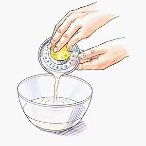 Illustration of squeezing lemon juice using a juicer