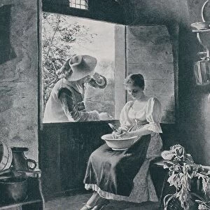 Man flirting through werner schwab (offene Fenster) with a woman doing kitchen work, 1889, Germany, Historic, digital reproduction of an original 19th-century print