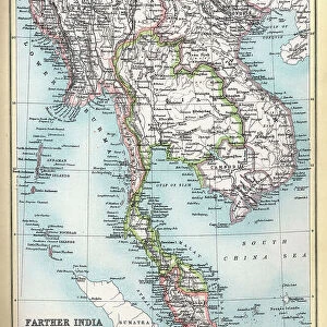 Old Antique map of Farther India, Burma, Siam, Malay, Vietnam, 1890s, Victorian 19th Century history